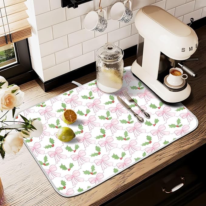 Pink Bow Christmas Holly Leaves Dish Drying Mat, Absorbent Drainer Mats for Kitchen Counter Coffee Maker 24"x18"