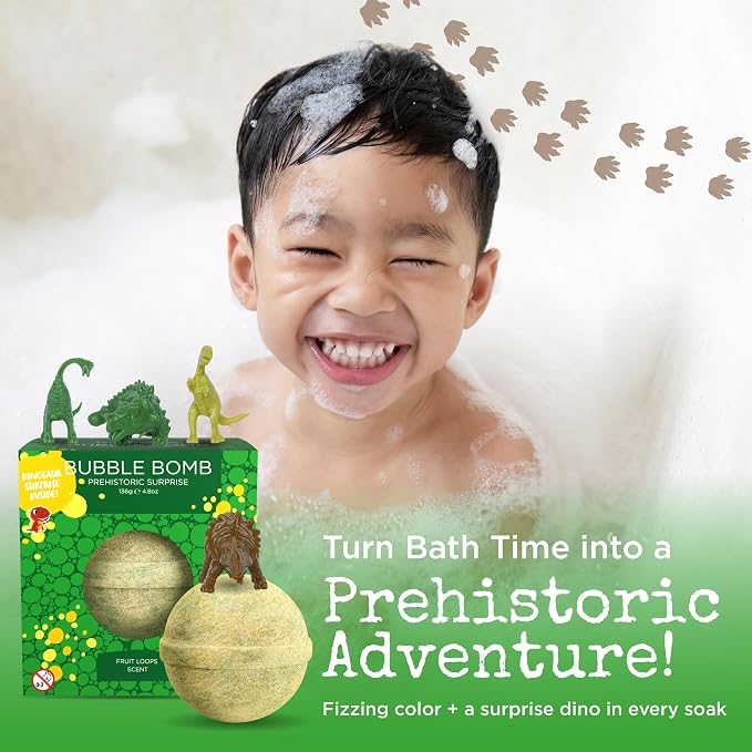 Dinosaur Bath Bombs for Kids with Surprise Dinosaur Toys Inside - Dino Bubble Bomb for Boys and Girls - Fruity Scent, USA Made, Won't Stain Tub - Stocking Stuffers and Children's Gift by Two Sisters