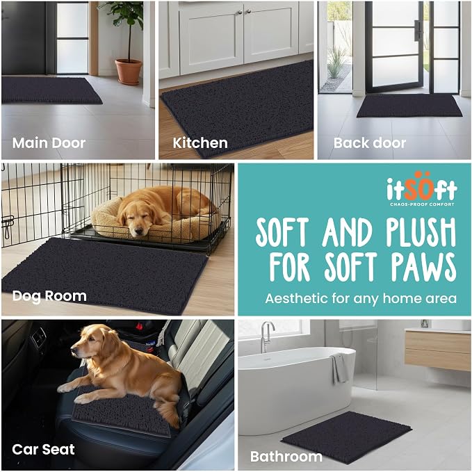 Dog Rugs for Muddy Paws 22x14 | Cleaner Mud Free Floors | Muddy Dogs Mats for Indoor, Dog Mat for Muddy Paws Door Mat Washable, Absorbent Chenille Mud Room Rug Paw Matt w/ Non Slip Backing, Black