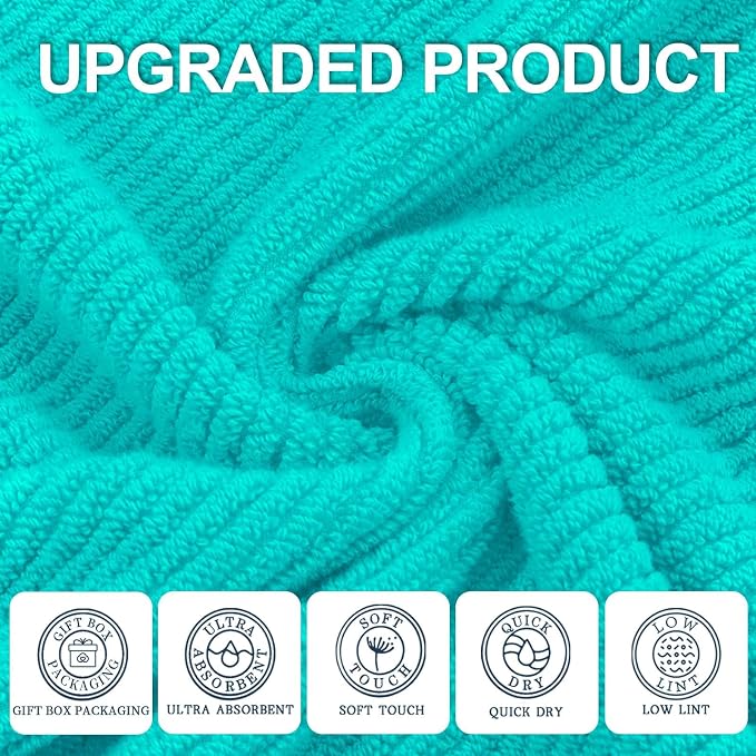 Turquoise Bath Towel with Hanging Loop - 100% Cotton, Soft, Quick Dry, Lightweight, Towel Set of 6, 2 Large Bath 30"x56", 2 Thick Hand 18"x28", 2 Absorb Washcloths 13"x13", Luxury Gift Set