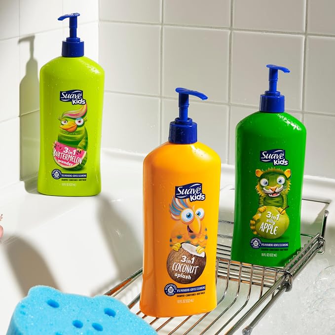 Suave Kids 3 in 1 Shampoo, Conditioner & Body Wash Silly Apple, Gentle Tear-Free Formula for Kids’ Hair & Skin, Juicy, Fun Scent, Dermatologist Tested, 18 FL OZ Pump, 6 Count