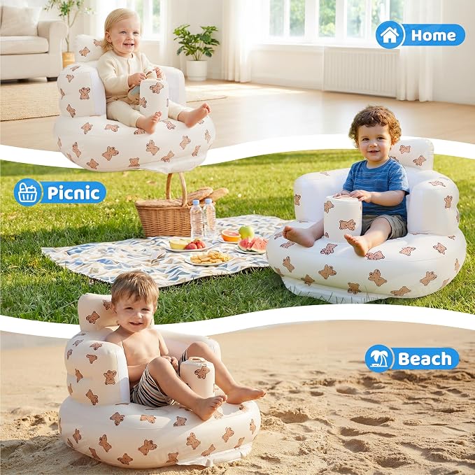UNEEDE Inflatable Baby Seat for 3 Months & Up with Built in Air Pump | Baby Chair Floor Seat for Baby, Bumbo Seat for Learning to Sit, Feeding, Travel Baby Seat for Home, Camping, Beach & Outdoor