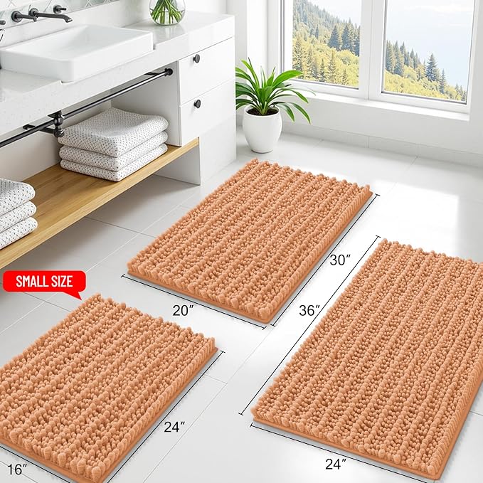 Smiry Bathroom Rugs Mat 24x16, Extra Soft Absorbent Chenille Bath Rugs, Non Slip Rubber Backing Machine Washable Quick Dry Bath Mats for Bathroom Floor, Tub, Shower, Home Decor Accessories, Peach