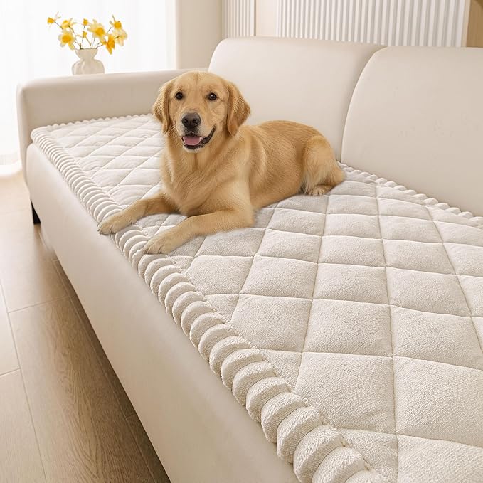 Smiry Couch Cover for Dogs, Non Slip Washable Pet Sofa Protector for Large Dogs, Cats, Fuzzy Plush Sofa Covers for 3 Cushion Couch, Against Fur, Dirt & Scratch Resistant, White, 27.6"×82.7"