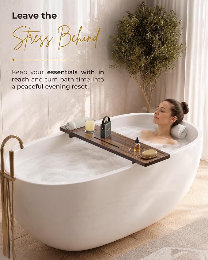 Acacia Wood Bathtub Caddy Tray for Tub, 34.6" Adjustable Bath Tray with Tablet Slot, Wine Glass Holder, Anti-Tip Legs, Spa Bath Table for Relaxing Bath Time