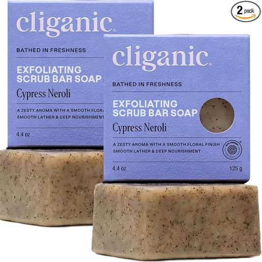 Cliganic Exfoliating Bar Soap For Men & Women – Body Scrub Soap with 98% Natural Ingredients Cleanses, Smooths & Revitalizes Skin, Moisturizing Soap Bar - Cypress Neroli (2 Pack)