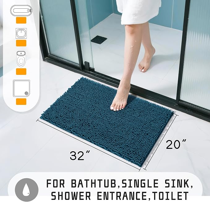 Yimobra Washable Bathroom Rugs, Super Soft & Absorbent Chenille Bath Mat for Floor & Carpet, Quick Dry Non Slip Bath Mat for Tub Shower, 32"x20",Peacock Blue