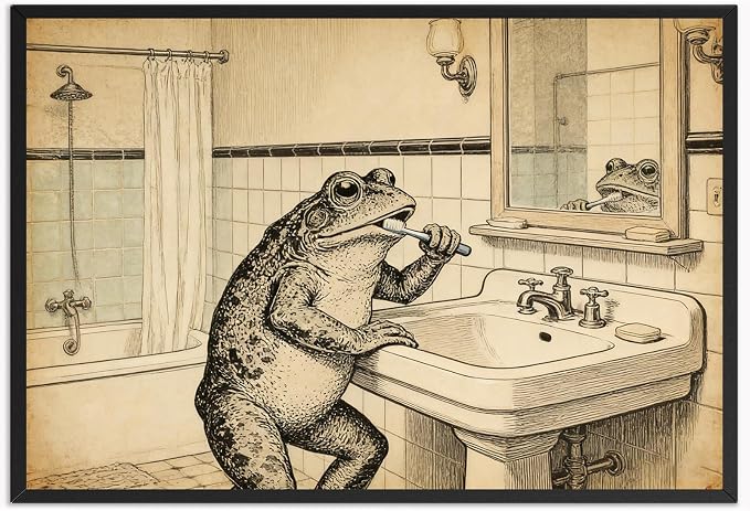 Vintage Frog Brushing Teeth Bathroom Wall Art Whimsical Toad Restroom Poster Antique Illustration Print Aesthetic Wall Decor for Powder Room Apartment Family Bathroom 16X24 in Black Framed