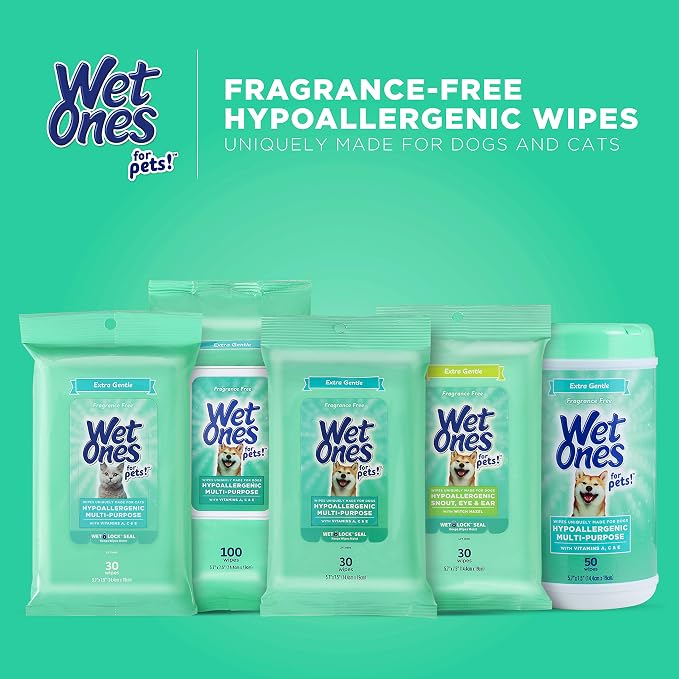 Wet Ones for Pets Hypoallergenic Multipurpose Dog Wipes with Vitamins A, C and E - Fragrance-Free All-Over Pet Grooming Wipes for Dogs in Canister, 50 Count - 3 Pack