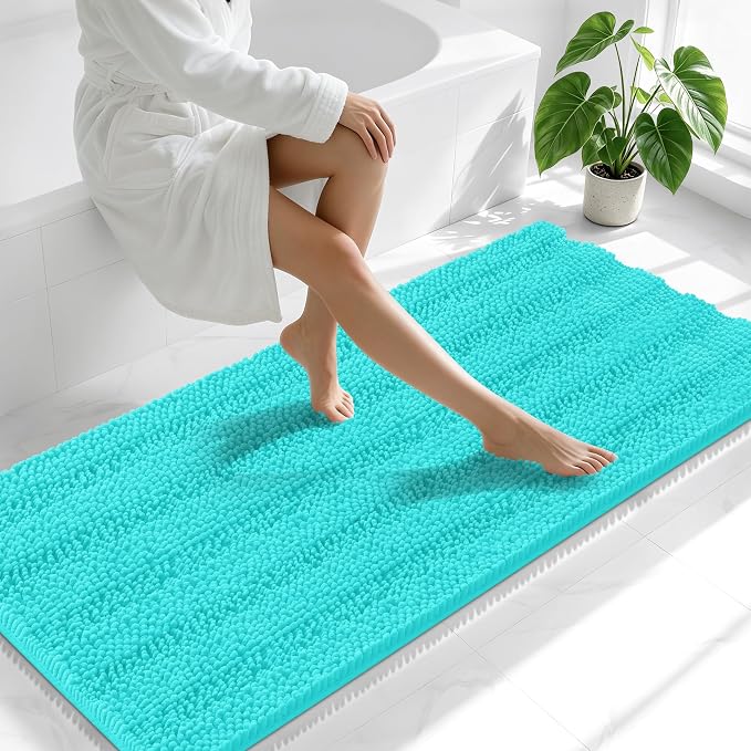 Smiry Thick Chenille Bathroom Runner Rugs 59x24, Absorbent Striped Bath Mat, Machine Washable, Rubber Backing, Extra Long Bath Rugs for Tub & Shower, Modern Home Decor Accessories, Teal