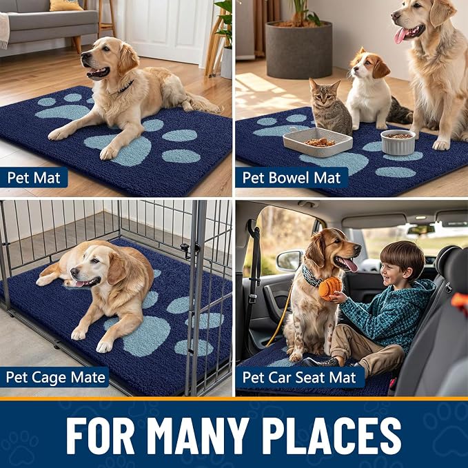 Smiry Dog Door Mat for Muddy Paws, Absorbs Moisture and Dirt, Low-Profile Entryway Mat with Non-Slip Backing, Entry Indoor Outdoor Doormat for Inside Floor (47x24 Inches, Dark Blue, Paw)