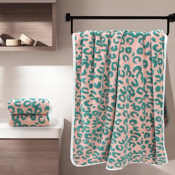 USTIDE 3 Pieces Green Leopard Print Bathtowel Sets Absorbent Soft Towels for Bathroom Gym Bath Sheets (1 Bath Towel, 2Hand Towels)