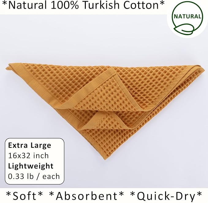PÜSKÜL Natural 100% Turkish Cotton Waffle Kitchen Towels Set of 3 | Oeko-Tex, Premium Waffle Hand Towels for Bathroom | Soft Absorbent Quick-Dry Lint-Free Dish Towel Large 32x16 in (3, Mustrad Yellow)