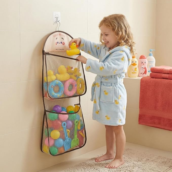Good Mood Toddler Bath Toy Organizer, Large Capacity Baby Bathtub Toy Storage with Adhesive Hooks, Toy Organizers and Storage for Bath Toys for Kids Ages 3-5, Bath Toy Holder Kids Bathroom Decor
