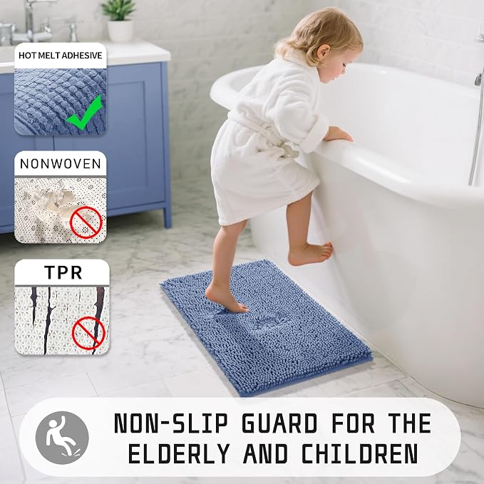 Yimobra Washable Bathroom Rugs, Super Soft & Absorbent Chenille Bath Mat for Floor & Carpet, Quick Dry Non Slip Bath Mat for Tub Shower, 32"x20",Denim Blue