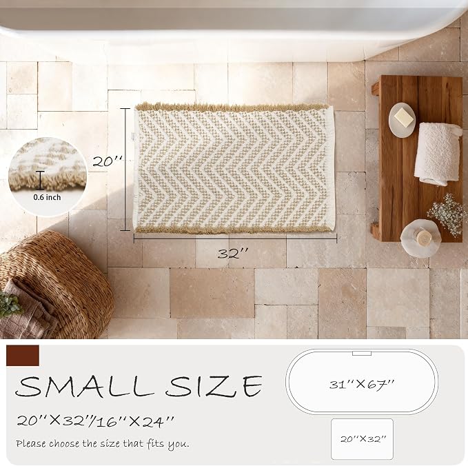 DWCN Waffle Bathroom Mat, Boho Bath Rugs Super Absorbent Non Slip Bath Mats for Bathroom Floor, Ultra Soft Farmhouse Shower Mats for Tub and Shower, 20 x 32 Inch, Brown & Beige