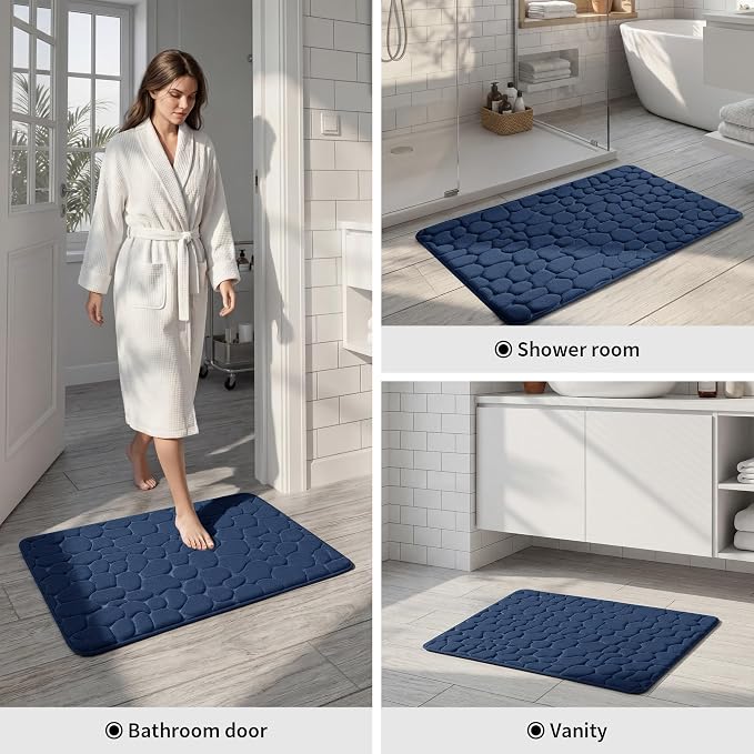 YIHOUSE Memory Foam Runner Rug, Cobblestone Bathroom Runner Rugs Super Water Absorbent Bath Mats for Bathroom Machine Washable Bath Rugs for Hallway Bedroom Laundry Room(26 x 50,Dark Blue)