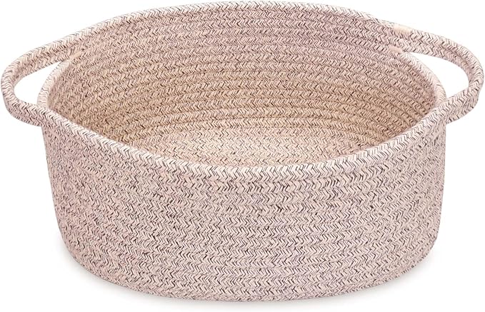 ABenkle Small Basket with Handles, Boho Decorative Rope Woven Dog Cat Toy Storage Bin Shelf Storage Organizer, Easter Christmas Gift Basket, 12"x8"x5"