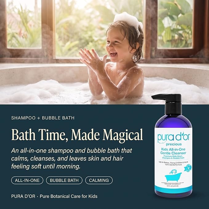PURA D'OR 16 Oz Kids Wash - All-in-One Gentle Cleanser - USDA Biobased, Sulfate-Free, Tear-Less, Hypoallergenic, Premium, Shampoo & Bubble Bath