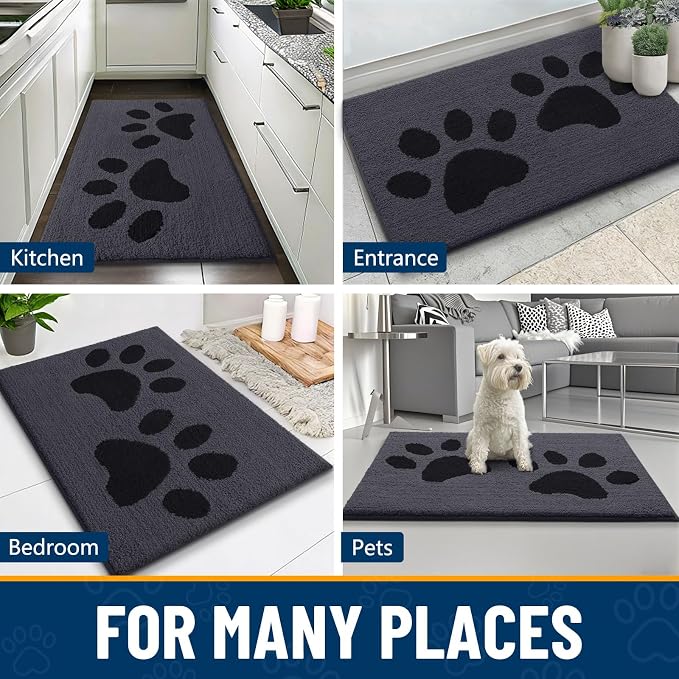 Smiry Dog Door Mat for Muddy Paws, Absorbs Moisture and Dirt, Low-Profile Entryway Mat with Non-Slip Backing, Entry Indoor Outdoor Doormat for Inside Floor (36x24 Inches, Black, Paw)