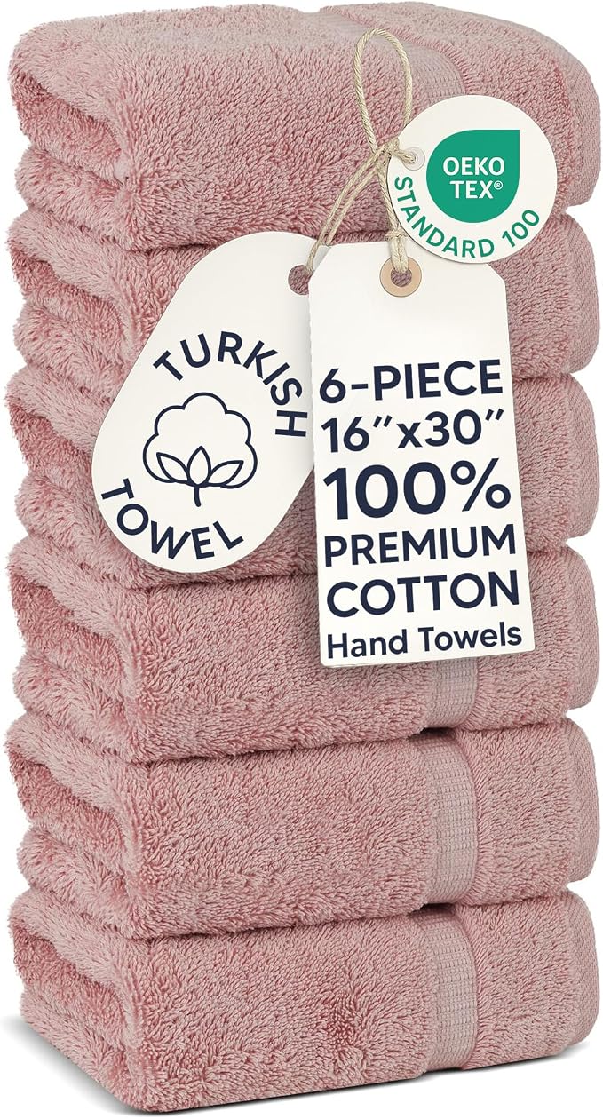 Chakir Turkish Linens 6 Piece Hand Towels, 100% Cotton Luxury Turkish Towels for Bathroom, Soft Absorbent Hand Towel Set, 16 x 30 Inches, Pink