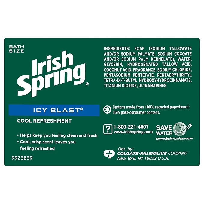 Irish Spring Icy Blast Bar Soap for Men, Mens Soap, Smell Fresh and Clean 12 Hours, Men Bars Washing Hands Body, Mild Skin, Recyclable Carton, 3.7 Oz, (Pack of 48)