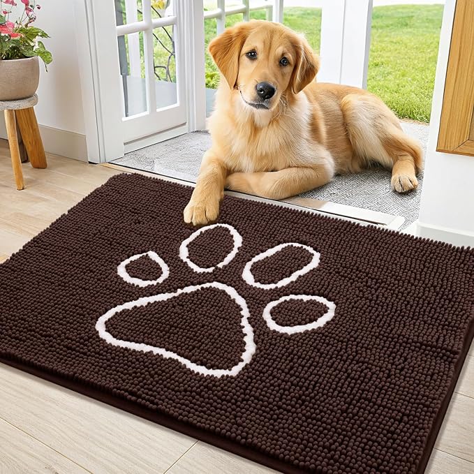 Smiry Dog Door Mat for Muddy Paws, Absorbent Dirt Trapper Non Slip Quick Dry Washable Chenille Mat for Mud Dogs, Entry Rug for Indoor and Outdoor (40x24 Inches, Brown and White)
