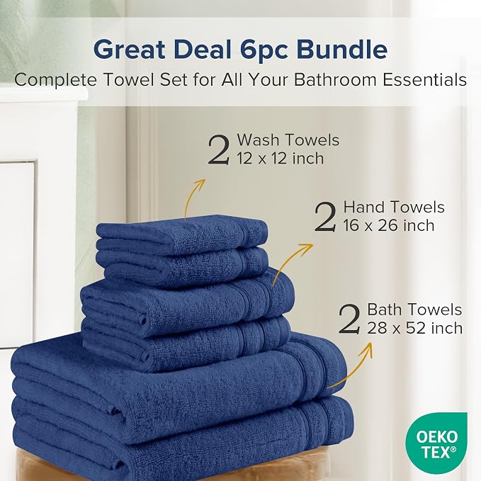 Comfort Spaces 6 Pc Towel Set, 100% Cotton Zero Twist, Indigo Navy Blue | Zero Twist Cotton, Quick Dry Ultra Soft, 2 Bath 2 Hand 2 Washcloth, Lightweight Absorbent for Everyday Bathroom Use