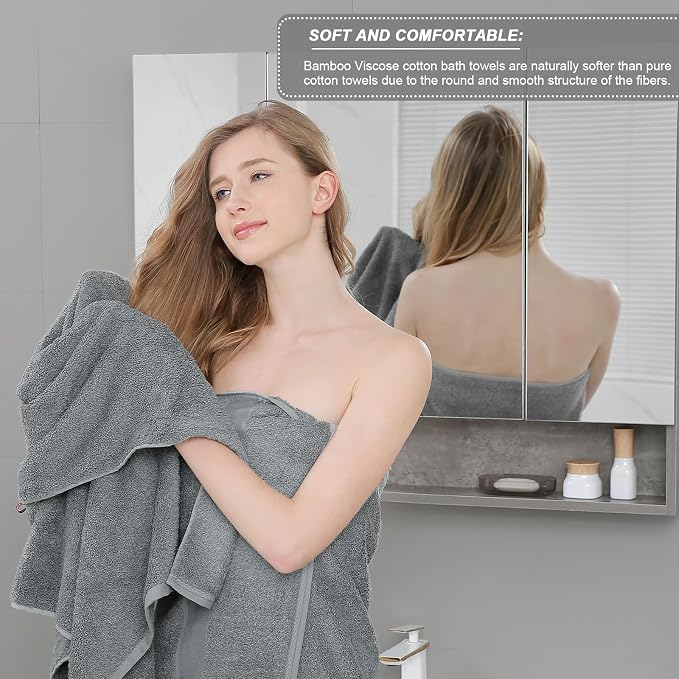 Aibaser Viscose from Bamboo and Cotton Bath Towels Set of 6-27x54 Inch Ultra Soft, Highly Absorbent Large Shower Towels for Bathroom, Spa & Gym (6 Piece Set) (Grey)