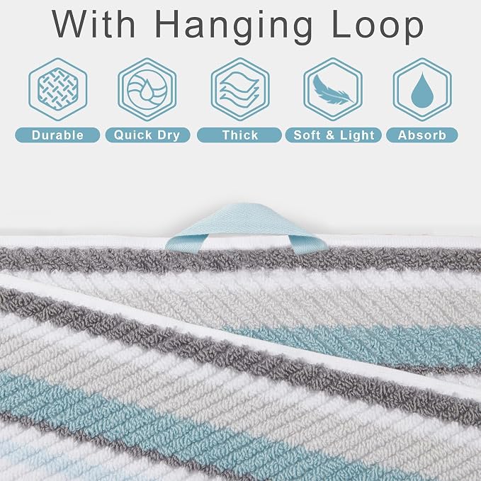 VOOVA & MOVAS Bathroom & Guest Room Aqua Striped Bath Towels (Set of 4, 28"x52") - 100% Cotton Lightweight Super Soft Highly Absorbent Quick Dry Shower Towels with Hanging Loop | Gray & Aqua Striped