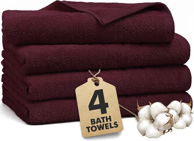 Bath Towels Set of 4 – 100% Ring Spun Cotton Burgundy Extra Large Towels for Bathroom, Spa Use (55x28 in) – 550 GSM Super Soft and Quick Dry Large Bath Sheets for Adults