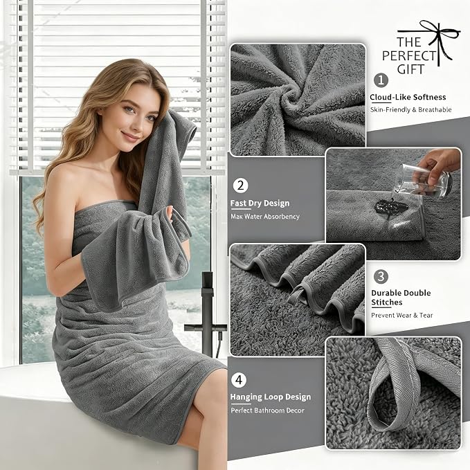 Extra Large Bath Sheet 4 Piece (35"x70")-Ultra Soft Oversized Bath Towel,Bath Sheet Towel Set for Bathroom Hotel,Highly Absorbent Quick Dry Shower Towel Set for Adults,Bath Towel Dark Grey