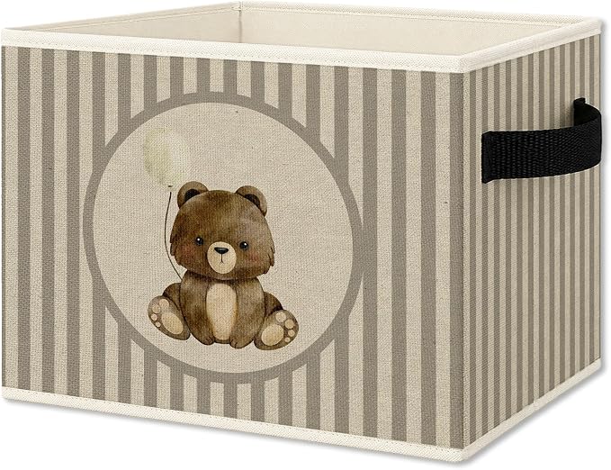 Bear Nursery Foldable Storage Bins Box with Handles, Neutral Striped Cute Bear Balloon Collapsible Organizer Basket for Kids Boy Girl Nursery Bedroom Bathroom Playroom Clothes Books