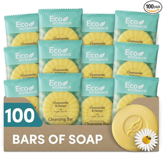 Eco Botanics Travel Size Cleansing Soap Bar 100 Count 0.5 oz Guest Amenities for Hotels Vacation & Short Term Paraben Free Chamomile Scent with Aloe & Olive Oil