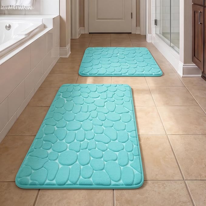 YIHOUSE Bathroom Rugs Mat Set, Memory Foam Bath Mat 2 Piece Teal | 17x24&20x32, Non Slip, Water Absorbent, Washable, Bath Mat For Bathroom, Sink and Toilet