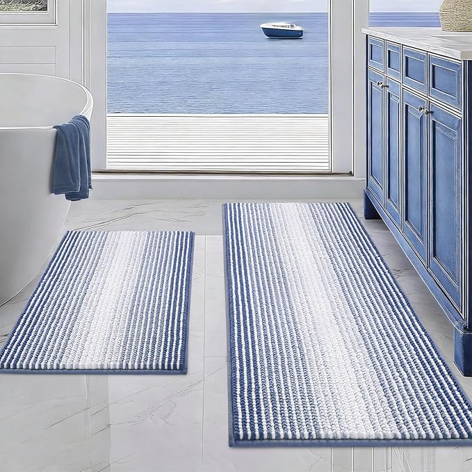 BSICPRO Bathroom Rugs and Mats Sets, 2 Piece Thick Absorbent Chenille Bath Mat Rug Set Non Slip, Soft Shaggy Bath Room Floor Mats for Bathroom, Machine Washable (20" x 47" Plus 16" x 24",Denim Blue)