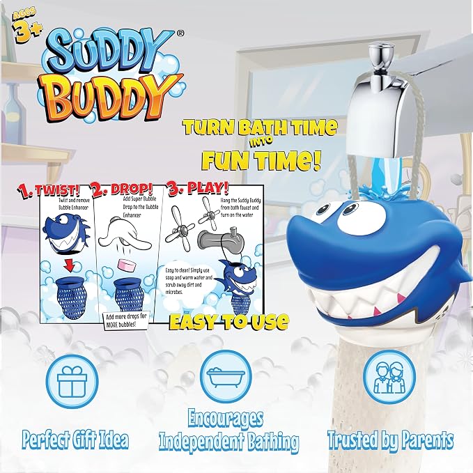 Suddy Buddy® Bubble Maker for Bathtub | Fun Kid Bubble Bath Toys | Safe Bath Bubbler for Boys & Girls Ages 3+ | Includes 1 Foam Dispenser, 1 Trading Card & 3 Super-Bubble Drops | Calvin Clownfish
