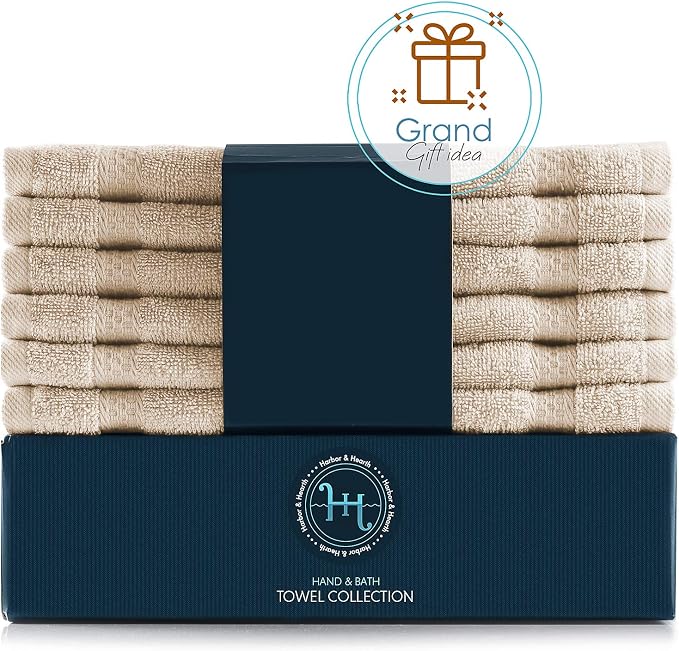 Hearth & Harbor Washcloths 12 Pack - 100% Cotton Washcloth for Body and face, High Absorbent and Soft 13"x13" Body Wash Cloth, Quick Dry - Cream Washcloths