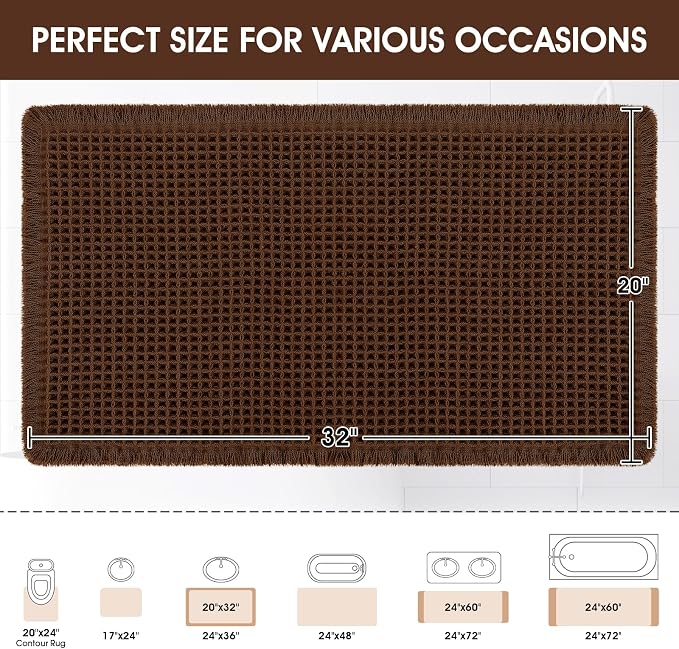 ACCUMTEK Upgraded Waffle Bath Mat, 32"x20" Brown, Super Absorbent Non-Slip Quick Dry Bathroom Rugs with Tassels, Machine Washable Ultra Soft Boho Bath Rugs for Floor, Toilet Mats Boho Farmhouse Decor