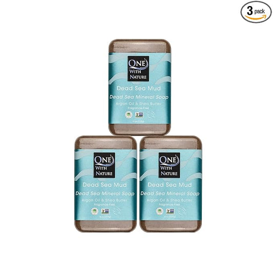 One With Nature Dead Sea Mud Soap 4oz 3-Pack – Purifying and Exfoliating Soap Bar with Dead Sea Salt Minerals for Face & Body, for Men & Women, Unscented