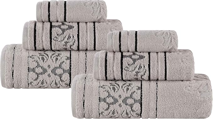 Superior Cotton 6 Piece Towel Set, 2 Bath, 2 Hand, 2 Washcloth/Face Towels, Quick Dry, Home Essentials, Shower, Spa, Luxury Plush Soft Absorbent Towels, Zero-Twist, Jacquard Floral, Platinum