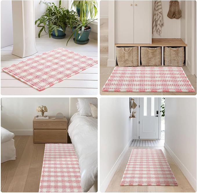TYUU Waffle Runner Rug Bathroom, Long Boho Bathroom Rugs Non Slip Washable Absorbent Checkered Bathroom Mat Quick Dry Cute Bath Mat, 72"x24" Pink and White