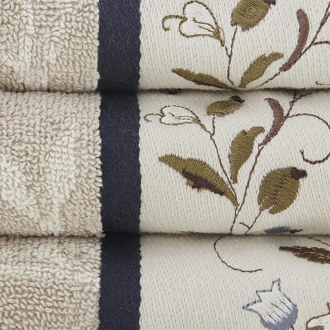 Madison Park Serene 100% Cotton Bath Towel Set Luxurious Floral Decorative Towels for Bathroom Embroidered Cotton Jacquard Design Soft Highly Absorbent for Shower 600 GSM, Multi-Sizes, Navy 6 Piece