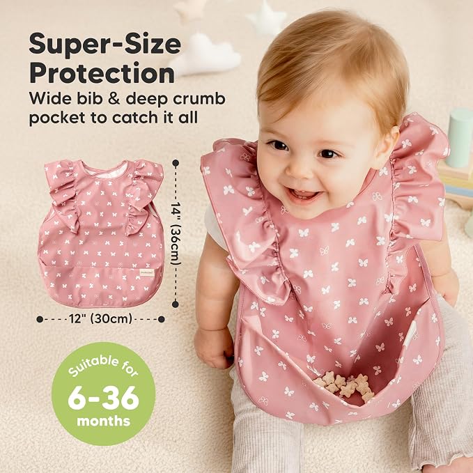 KeaBabies Waterproof Bibs for Baby Girl,Boy – 2-Pack Lightweight, Large Baby Bibs for Eating, Wearable Food Catcher, 6-12 Months Infant Feeding Essentials, Smock for Toddlers 1-3, Kids (Butterflies)