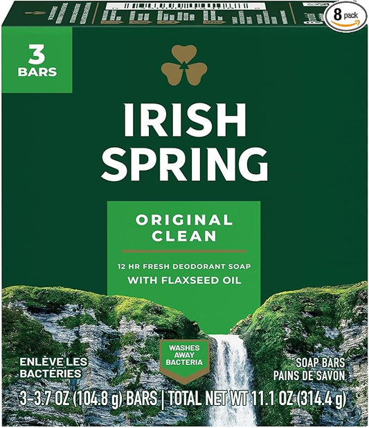 Irish Spring Deodorant Bar Soap, Original, 3.75 oz bars, 3 ea (Pack of 8)