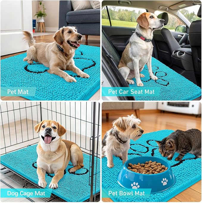 OLANLY Dog Door Mat for Muddy Paws 48x30, Paw Print Design, Absorbs Moisture and Dirt, Absorbent Non-Slip Washable Doormat, Quick Dry Chenille Mud Mat for Dogs, Entry Indoor Entryway Carpet, Aqua Blue