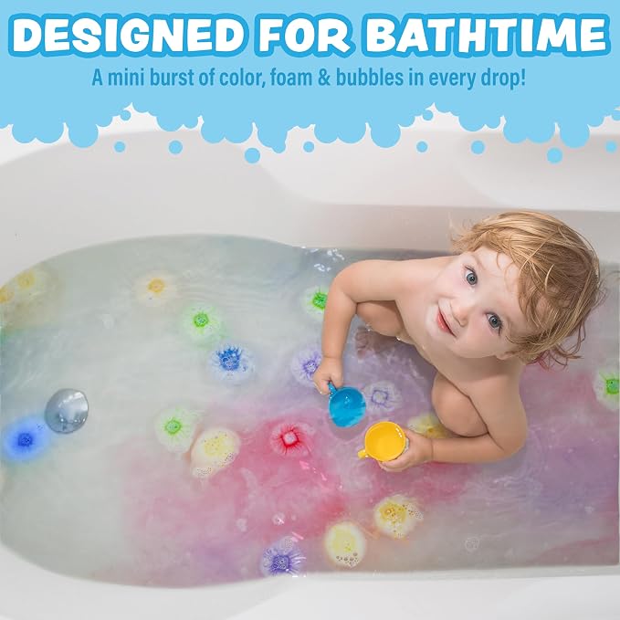 Tub Works® Lil' Bursts™ Mini Bath Bombs for Kids, 90 Count, Rainbow | Nontoxic | Tiny Kids Bath Bombs with A Burst of Color, Foam & Bubbles | Customize Toddler Bath with 7 Colors | Make Bathtub Art
