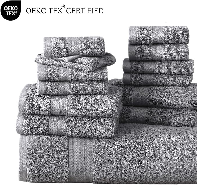 LANE LINEN Luxury 24 PCs Bath Towels Set - 100% Ring Spun Cotton Towels for Bathroom - Quick Dry, Soft & Absorbent, Perfect for Kids, Guest & Everyday Use - Oeko Tex Certified -Space Grey