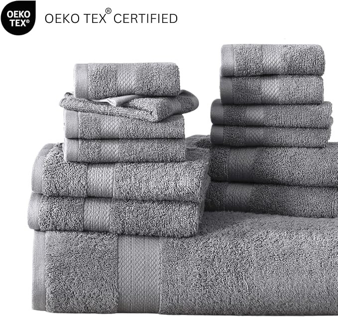 LANE LINEN 100% Cotton Towel Set for Bathroom - 18 Piece - Super Soft, Quick Dry & Highly Absorbent - 4 Bath, 8 Wash Cloth, 6 Hand Towels - Turkish Quality, Durable & Easy Care - Space Grey