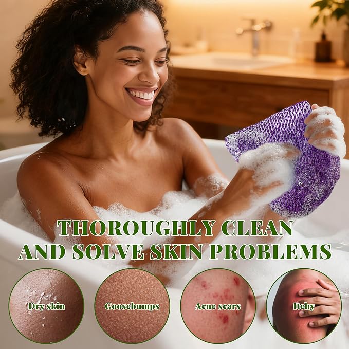African Net Sponge Authentic, 3 Pieces Exfoliating Scrubber Bath Sponge for All Skin Types, Back Scrubber Loofah Washcloth for Shower, Gentle Exfoliation (Brown,Purple,Black)